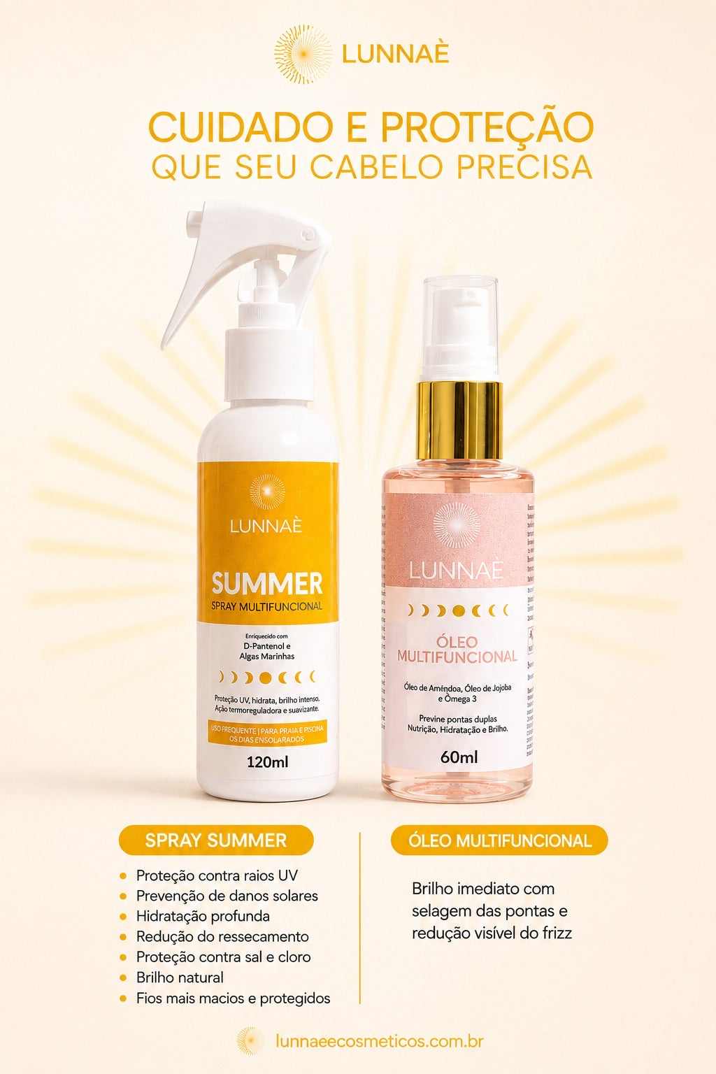 Kit capilar Verão Protegido LUNNAÈ – Spray Summer + Óleo Capilar Multifuncional