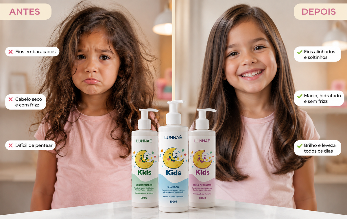 Kit capilar Kids LUNNAÈ – Shampoo + Condicionador + Creme para Pentear