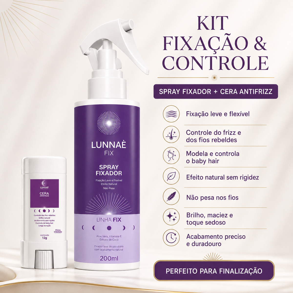 Kit capilar FIX: Spray Fixador + Cera Antifrizz Frizz Control - Lunnaè