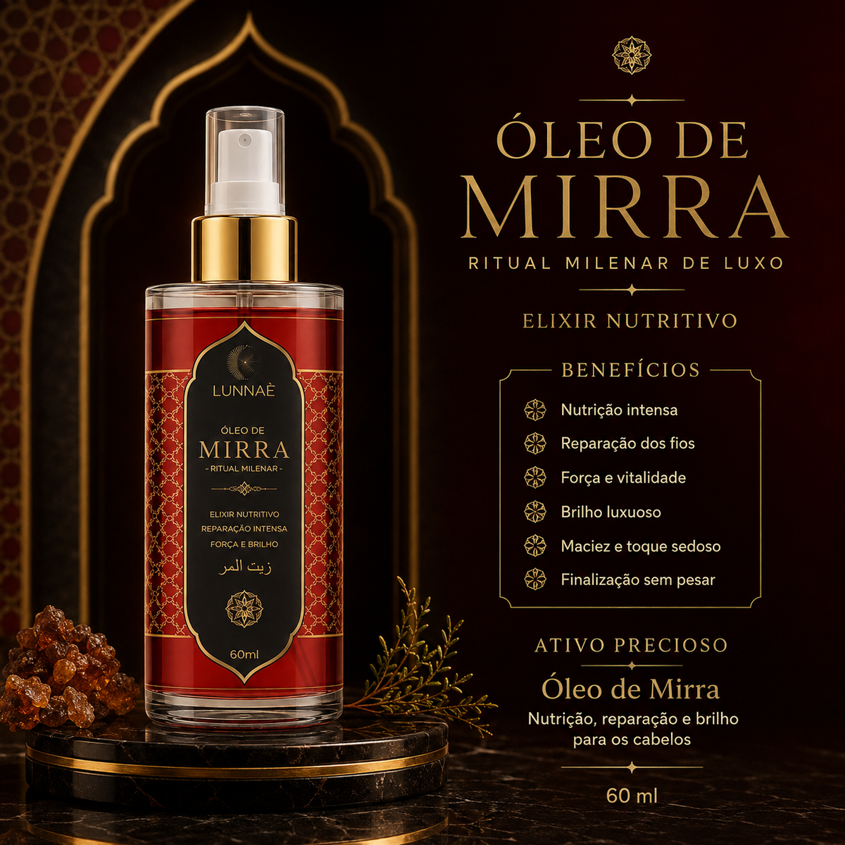 Óleo Capilar de Mirra Lunnaè - Luxo milenar para os cabelos 60ml - Lunnaè