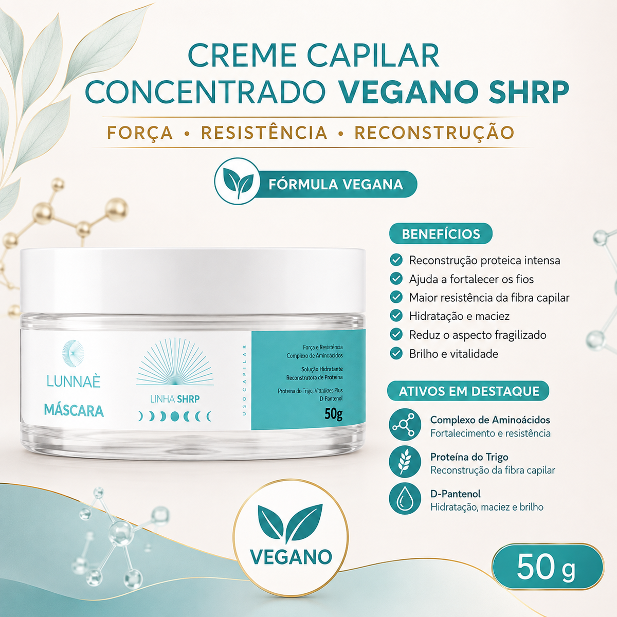 Creme Capilar de proteína SHRP super concentrado vegana 50g - Lunnaè
