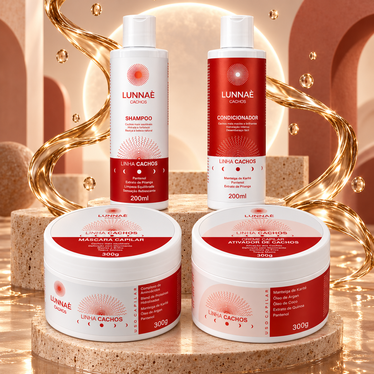 Kit Capilar Cachos: Shampoo + Condicionador + Mãscara + Ativador de Cachos - Lunnaè